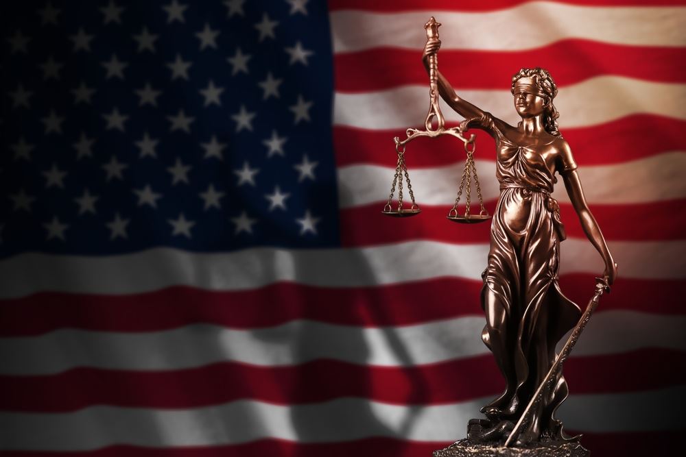 US flag with lady justice