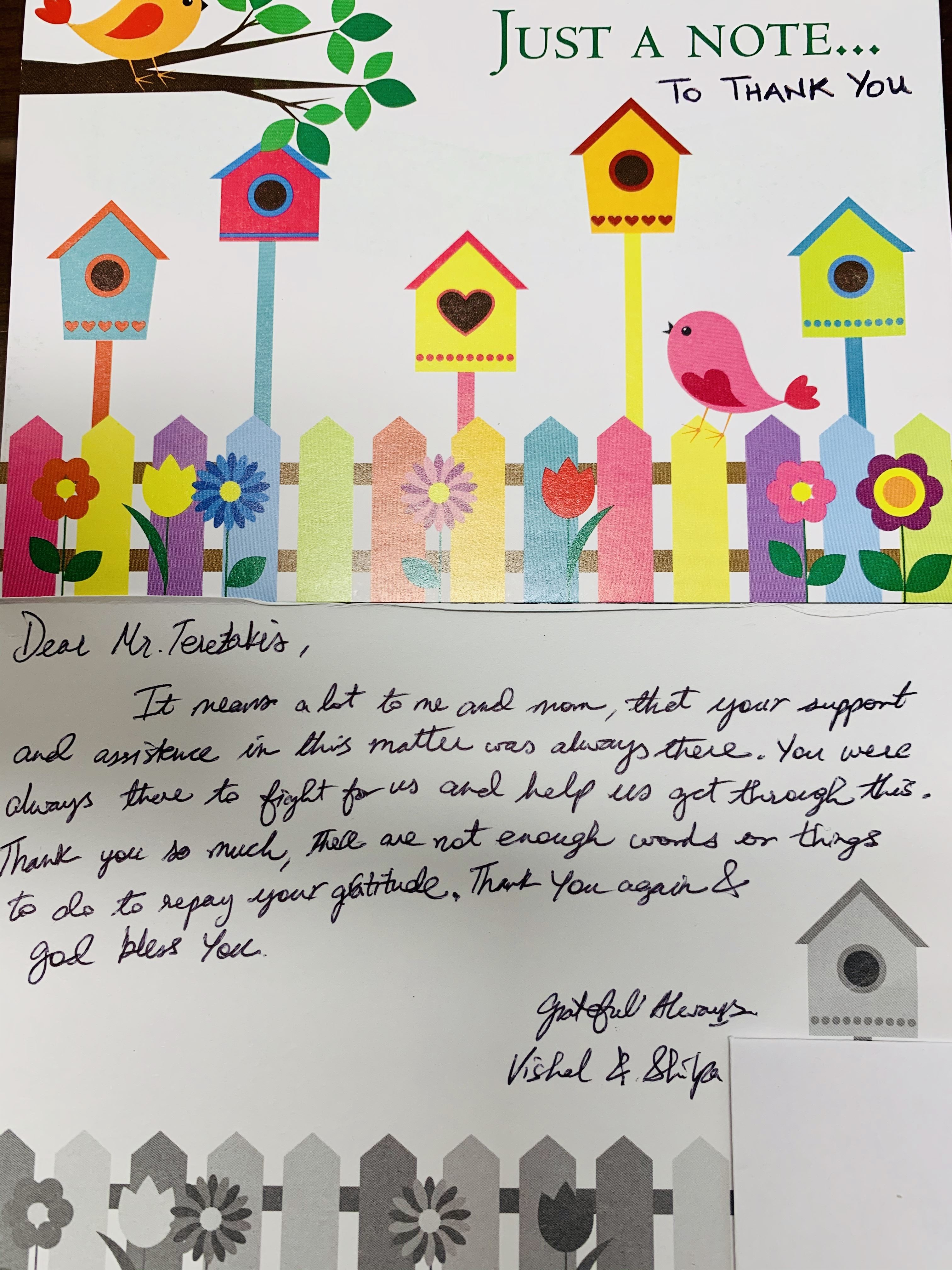 thank you note from client